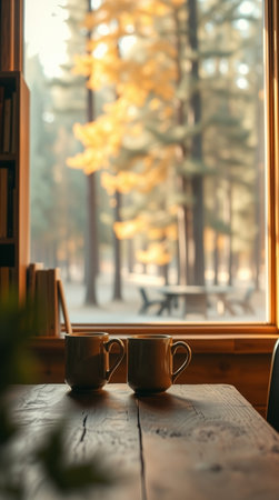 Two cups of coffee on a wooden table near the window in the autumn forest