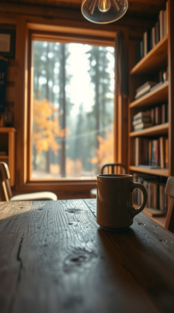 Cup of coffee on wooden table in library with bookshelves