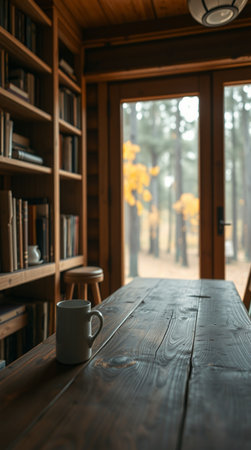 Cup of coffee on the wooden table in the library. Bookshelf with books and a book.の写真素材