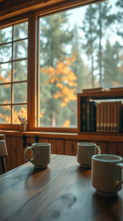 Coffee cup on wooden table in front of window with autumn forest