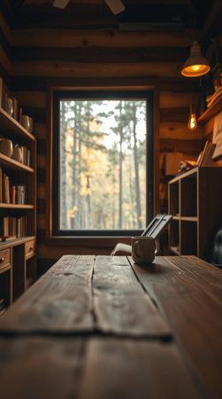 Wooden table and bookshelf with books in the interior of a country houseの写真素材