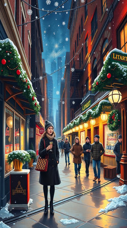 Beautiful woman walking in New York City at Christmas time, USA.の写真素材