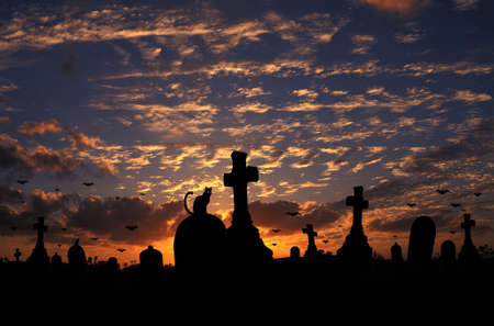 cimetary and sunset in backgroundの写真素材