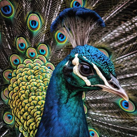 Portrait of beautiful peacock with feathers out. Close-up.の素材