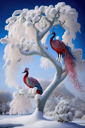 Winter landscape with two cranes on a tree in the snow.の素材