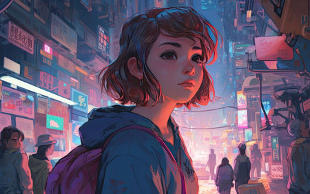 Digital painting of a girl in the streets of Tokyo, Japan.の素材