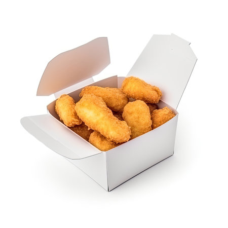 Fried chicken nuggets in paper box isolated on white background.の素材