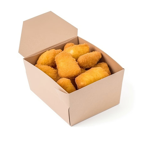 Deep fried chicken nuggets in cardboard box isolated on white background.の素材