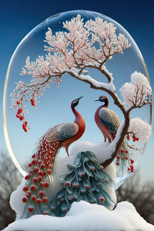 Snow globe with two peacocks in the winter forest. Winter scene.の素材