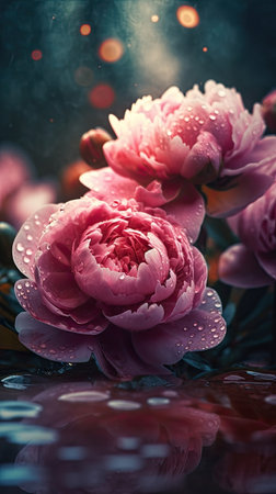 Beautiful peony flowers with water drops on a dark background.の素材