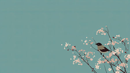 Illustration of a bird on a branch of cherry blossoms.の素材