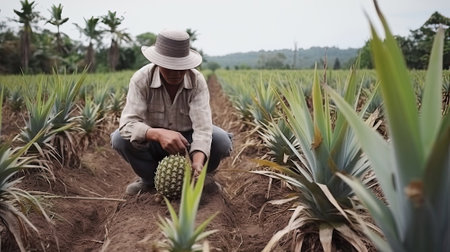 farmer is picking up fresh pineapple in the pineapple farm at countrysideの素材