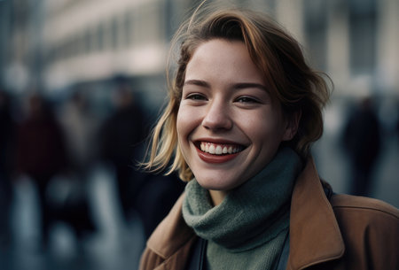 Close up portrait of a beautiful young woman smiling on the street.の素材