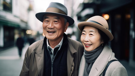 Happy asian senior couple walking in the city, lifestyle people concept