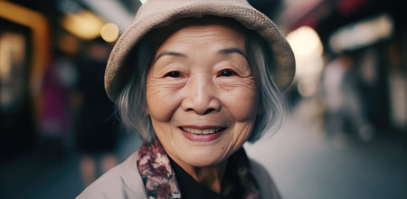 Portrait of an asian senior woman walking in the street.の素材