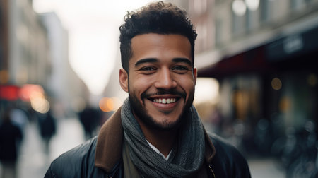Portrait of a handsome young arabian man smiling in the city.の素材