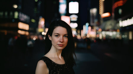 Portrait of a beautiful young woman in the city at night.の素材