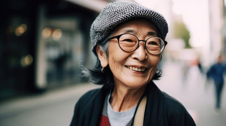 Portrait of Asian senior woman wearing hat and glasses in the cityの素材