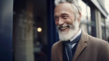 Portrait of a smiling senior man in a coat looking at the cameraの素材