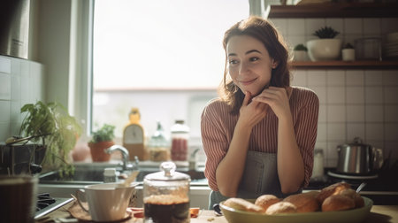 Smiling woman looking at camera while standing in the kitchen at homeの素材