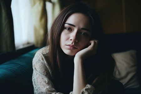 Portrait of young beautiful woman sitting on sofa at home in morning.の素材