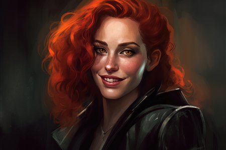 Portrait of a beautiful red-haired girl in a black jacket.の素材