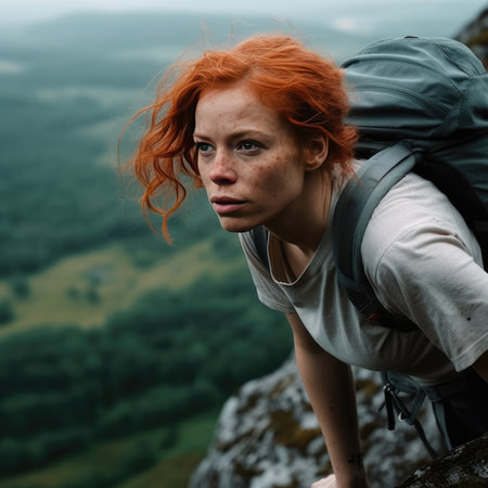 Portrait of a red-haired girl with a backpack on the top of the mountain.の素材