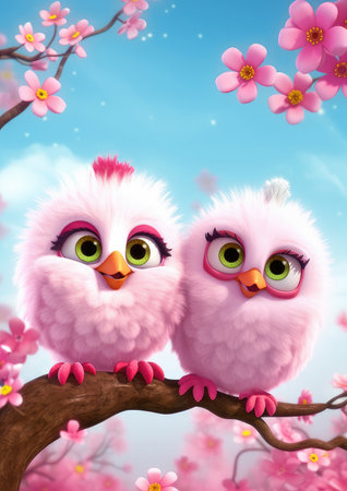 Two pink owls sitting on the branch of a blossoming treeの素材