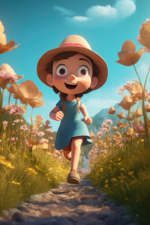 3d illustration of a little girl running through a meadow with flowersの素材