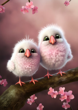 Cute little chicks on the branch with pink cherry blossom backgroundの素材