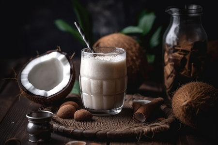 Coconut milk in a glass on a wooden background. Selective focus.の素材