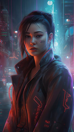 Portrait of a futuristic woman with neon light. Futuristic city background.の素材