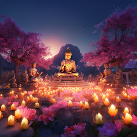 3d rendering of buddha statue with colorful flowers in the nightの素材