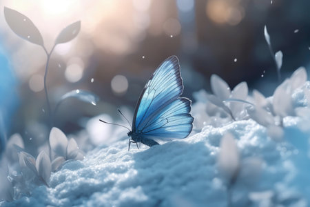 Butterfly on snow with bokeh background. Blue butterfly.の素材