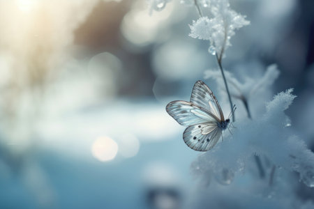 Beautiful butterfly on a branch covered with hoarfrost in the winter forestの素材