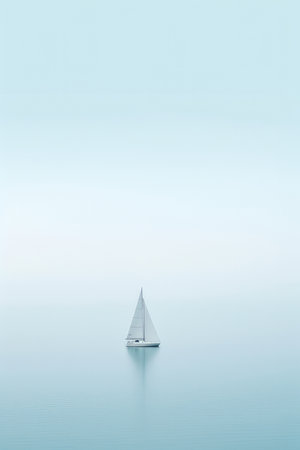 Sailing boat in the sea on a foggy day. Toned.の素材