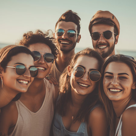 Group of friends having fun together. Group of young people in sunglasses and cap smiling and looking at camera.の素材