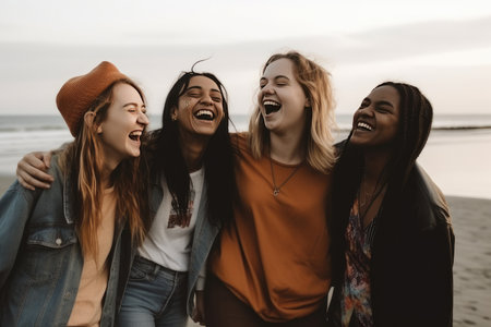 Group of young women having fun on the beach, laughing and laughingの素材