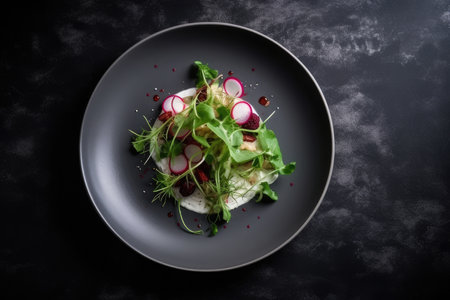 Salad with radish and arugula on a black plateの素材
