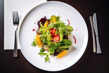 Fresh salad on a white plate with fork and knife, top viewの素材