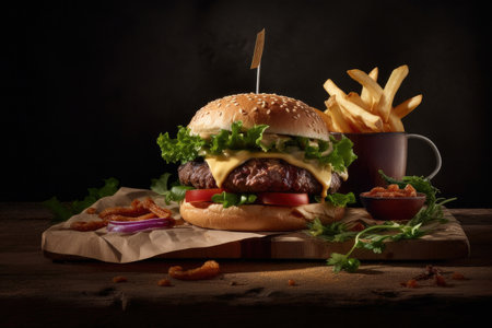 Cheese burger - American cheese burger with fresh salad and french friesの素材