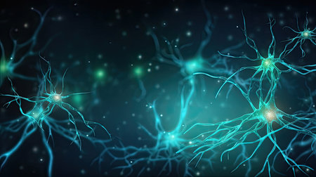 Neuron cells. 3D illustration. Glowing neuron cells.の素材