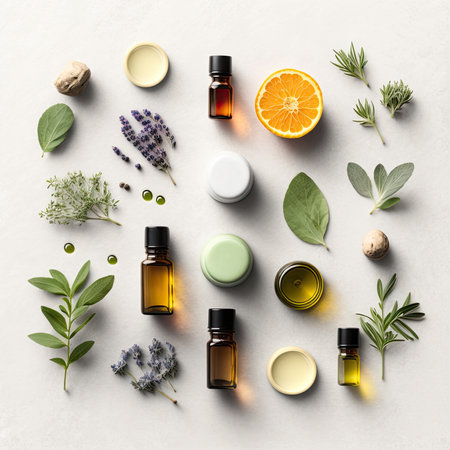 Flat lay composition with natural cosmetic products and herbs on light backgroundの素材