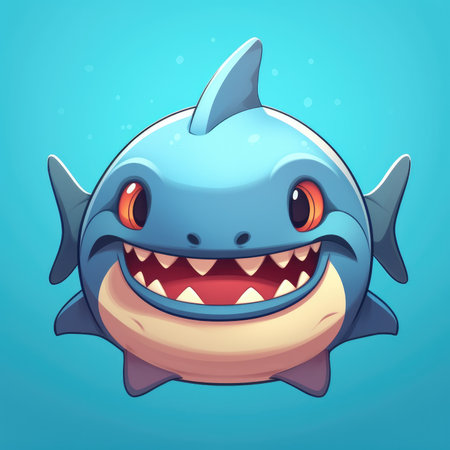 Cartoon shark isolated on blue background. Vector illustration of a cute cartoon shark.の素材