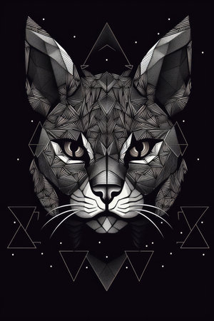 Black and white polygonal wolf head on black background. Vector illustration.の素材