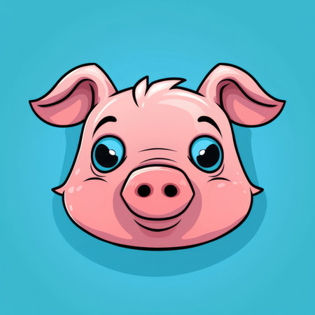 Cute cartoon pig face. Vector illustration isolated on blue background.の素材