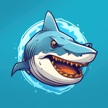 Shark head vector illustration, isolated on blue background. Cute cartoon shark with big teeth.の素材