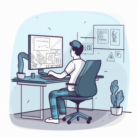 Vector illustration of man working at home office. Work from home concept.の素材