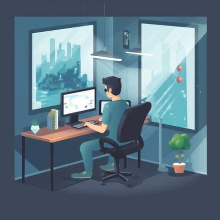 Man working on computer in office. Vector illustration in flat style.の素材