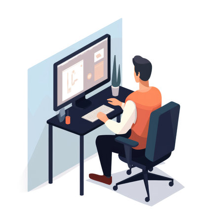 Freelancer isometric vector illustration. Young man working on computer in office.の素材